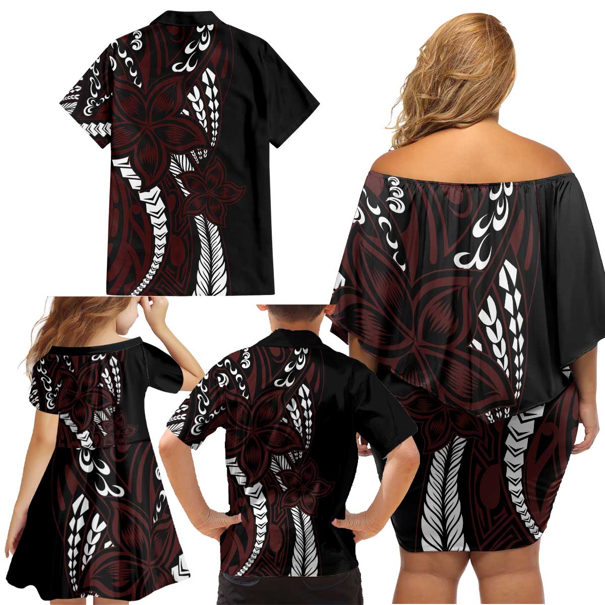 Polynesian Plumeria Floral Tattoo Pattern Family Matching Off Shoulder Short Dress and Hawaiian Shirt Oxblood Style LT9 - Polynesian Pride