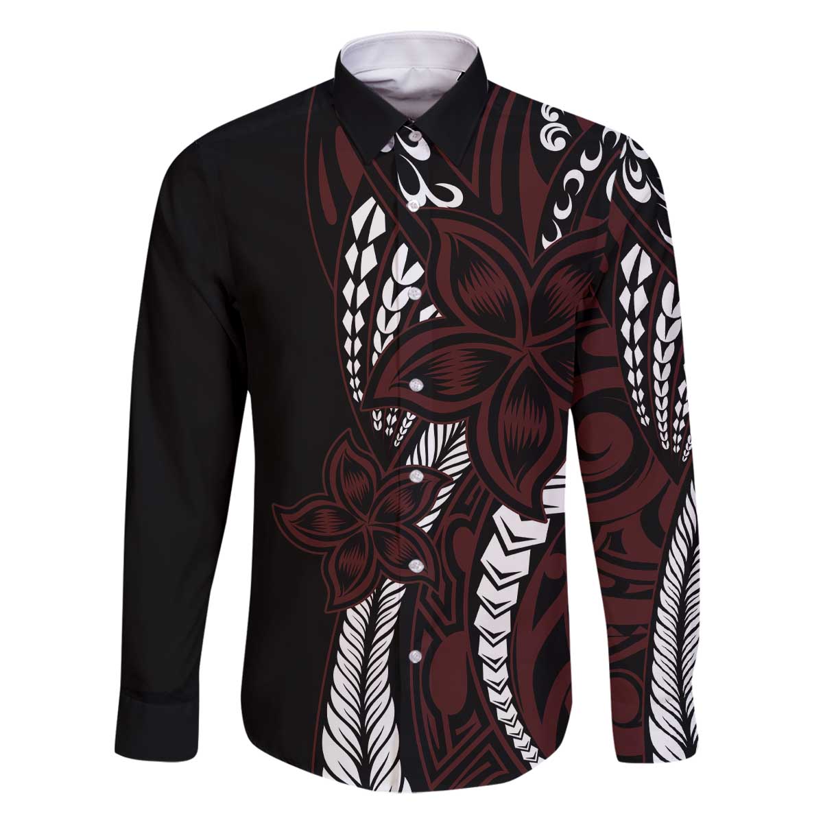 Polynesian Plumeria Floral Tattoo Pattern Family Matching Off Shoulder Short Dress and Hawaiian Shirt Oxblood Style LT9 Dad's Shirt - Long Sleeve Oxblood - Polynesian Pride