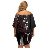 Polynesian Plumeria Floral Tattoo Pattern Family Matching Off Shoulder Short Dress and Hawaiian Shirt Oxblood Style LT9 - Polynesian Pride