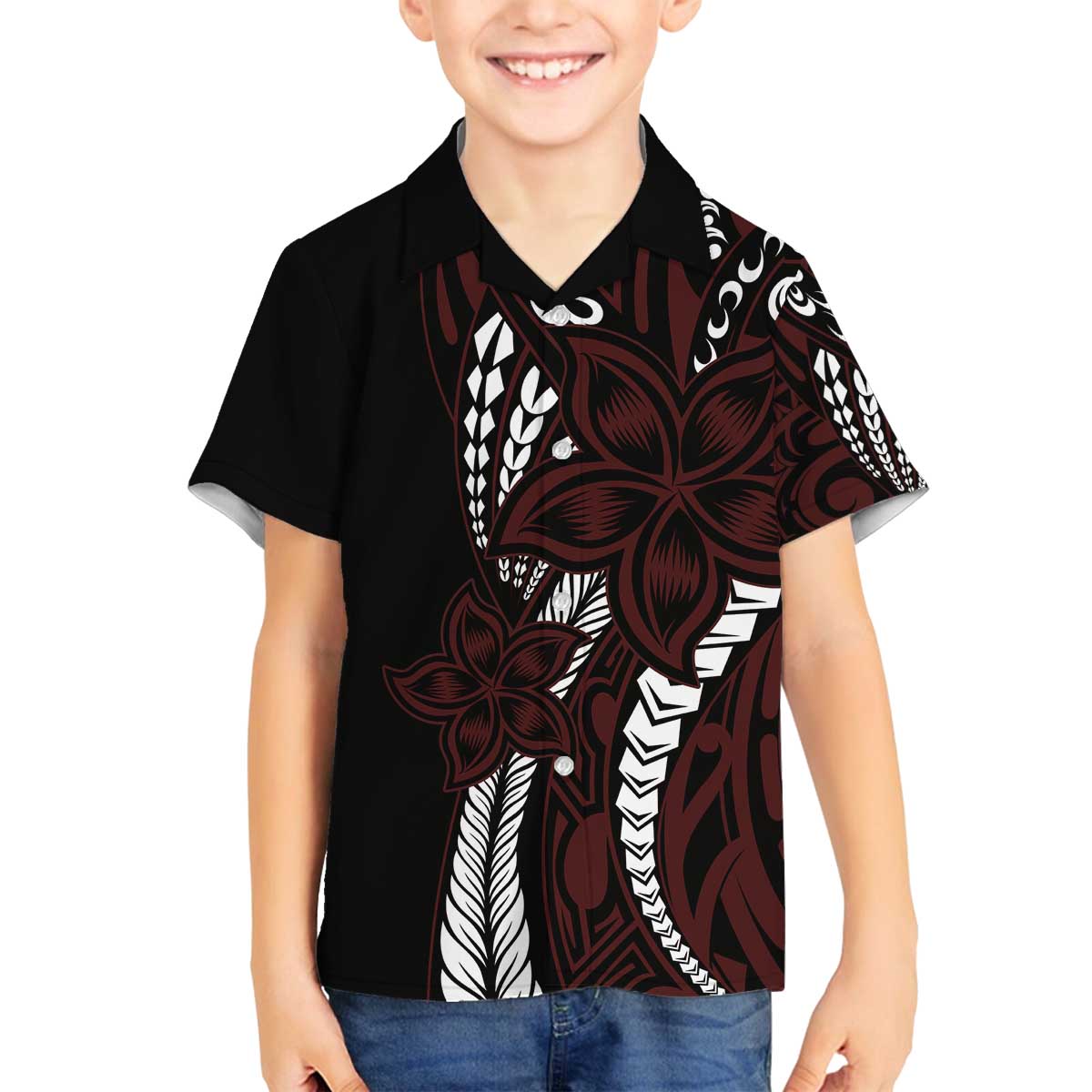 Polynesian Plumeria Floral Tattoo Pattern Family Matching Off Shoulder Short Dress and Hawaiian Shirt Oxblood Style LT9 Son's Shirt Oxblood - Polynesian Pride