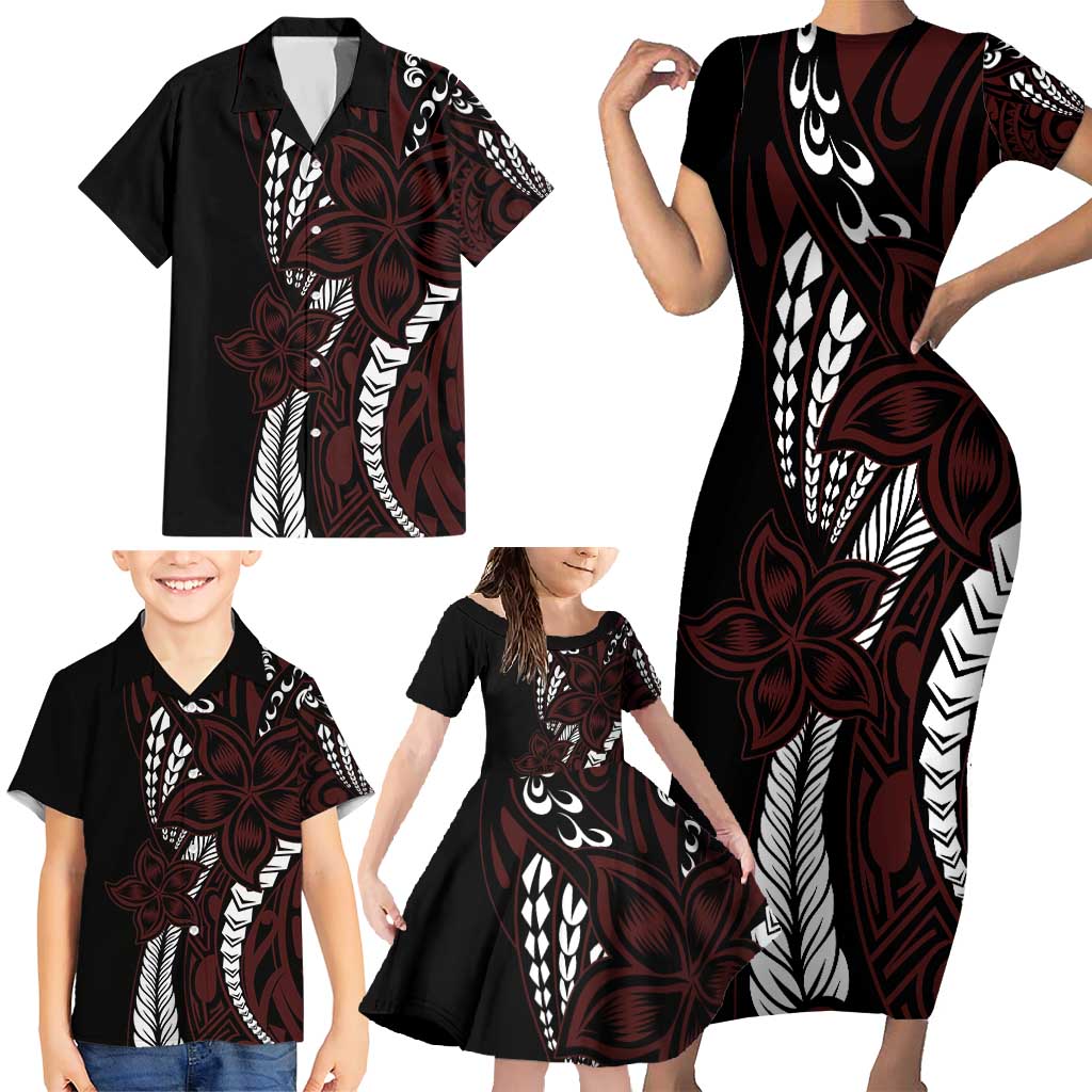 Polynesian Plumeria Floral Tattoo Pattern Family Matching Short Sleeve Bodycon Dress and Hawaiian Shirt Oxblood Style LT9 - Polynesian Pride