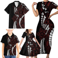 Polynesian Plumeria Floral Tattoo Pattern Family Matching Short Sleeve Bodycon Dress and Hawaiian Shirt Oxblood Style LT9 - Polynesian Pride