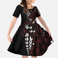 Polynesian Plumeria Floral Tattoo Pattern Family Matching Summer Maxi Dress and Hawaiian Shirt Oxblood Style LT9 Daughter's Dress Oxblood - Polynesian Pride