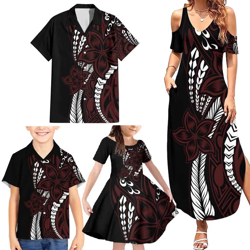 Polynesian Plumeria Floral Tattoo Pattern Family Matching Summer Maxi Dress and Hawaiian Shirt Oxblood Style LT9 - Polynesian Pride