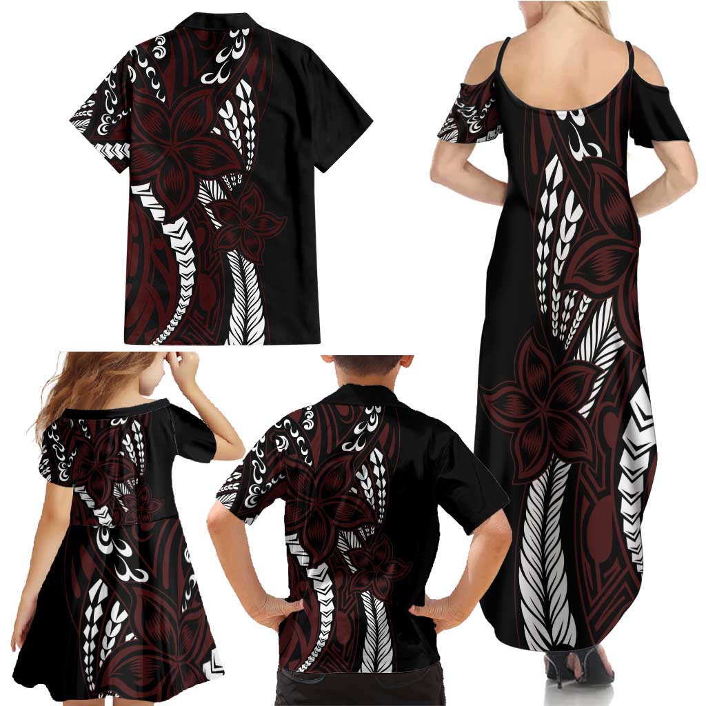 Polynesian Plumeria Floral Tattoo Pattern Family Matching Summer Maxi Dress and Hawaiian Shirt Oxblood Style LT9 - Polynesian Pride