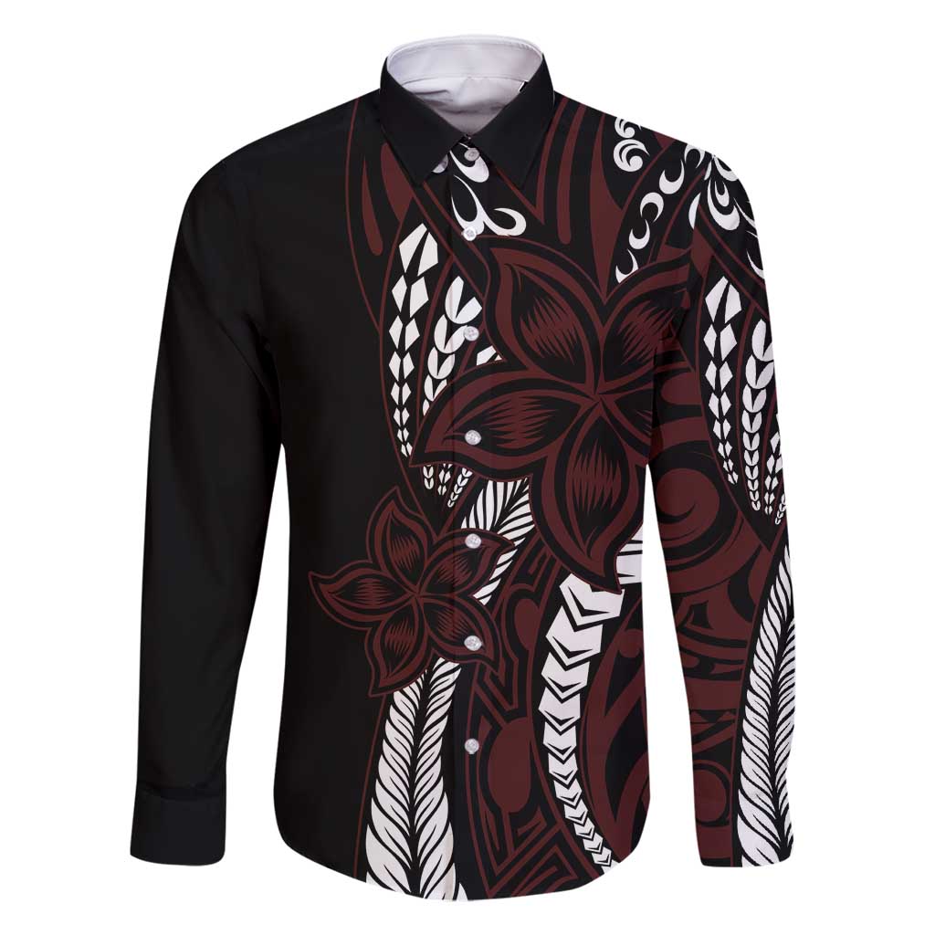 Polynesian Plumeria Floral Tattoo Pattern Family Matching Summer Maxi Dress and Hawaiian Shirt Oxblood Style LT9 Dad's Shirt - Long Sleeve Oxblood - Polynesian Pride