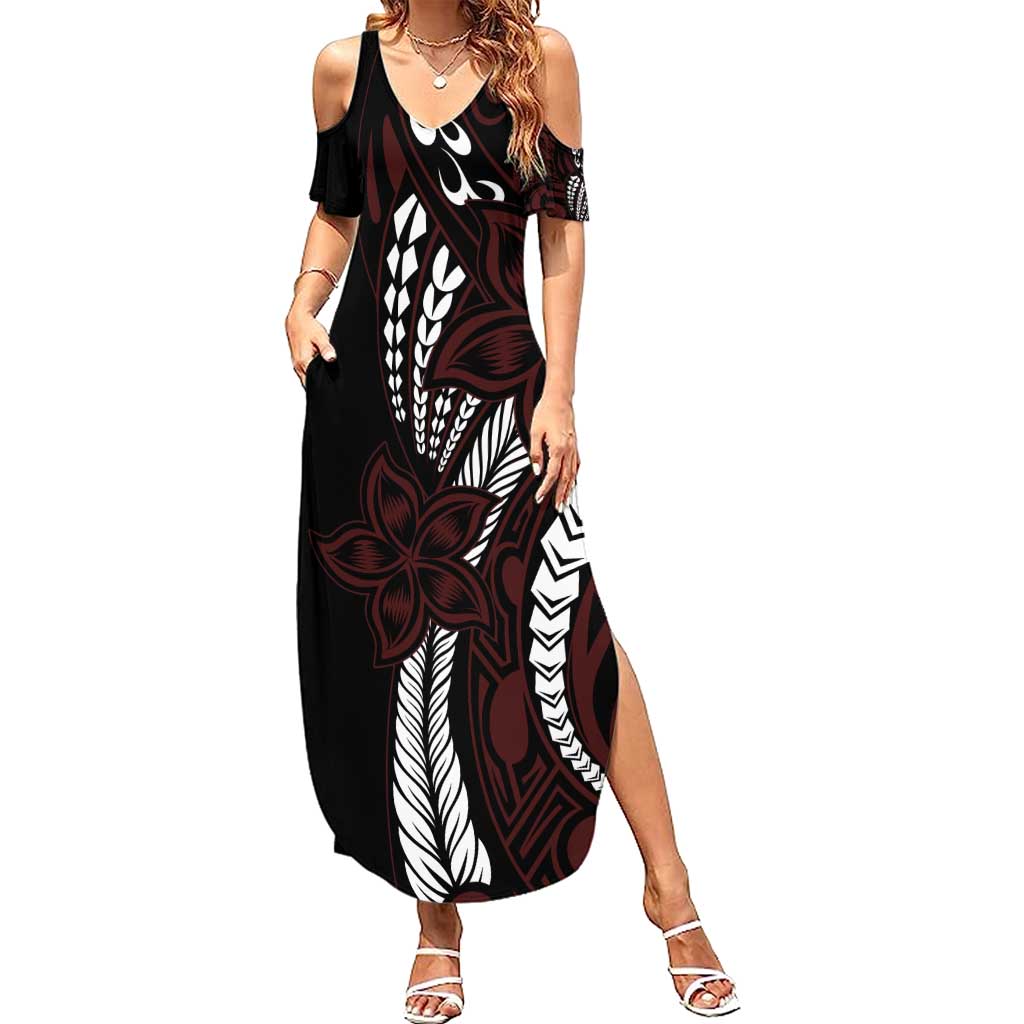 Polynesian Plumeria Floral Tattoo Pattern Family Matching Summer Maxi Dress and Hawaiian Shirt Oxblood Style LT9 Mom's Dress Oxblood - Polynesian Pride