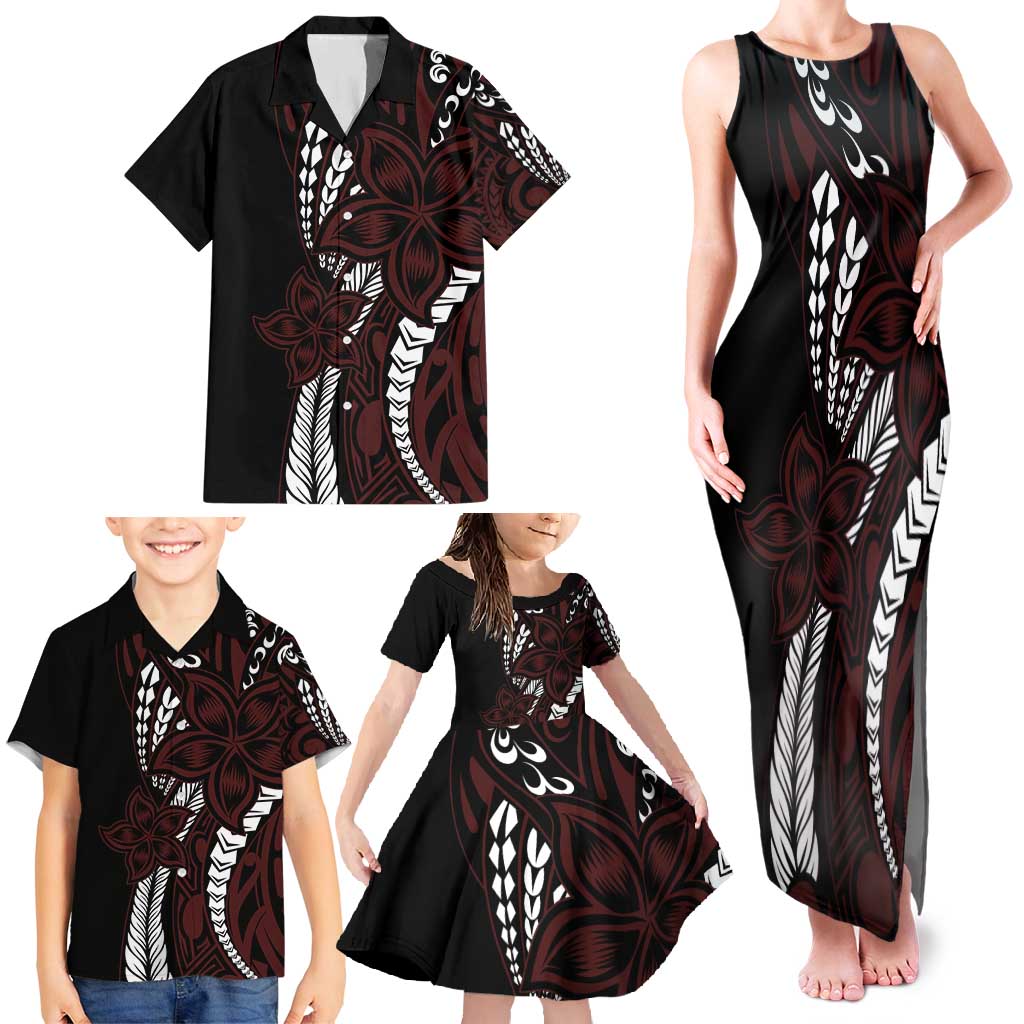Polynesian Plumeria Floral Tattoo Pattern Family Matching Tank Maxi Dress and Hawaiian Shirt Oxblood Style LT9 - Polynesian Pride