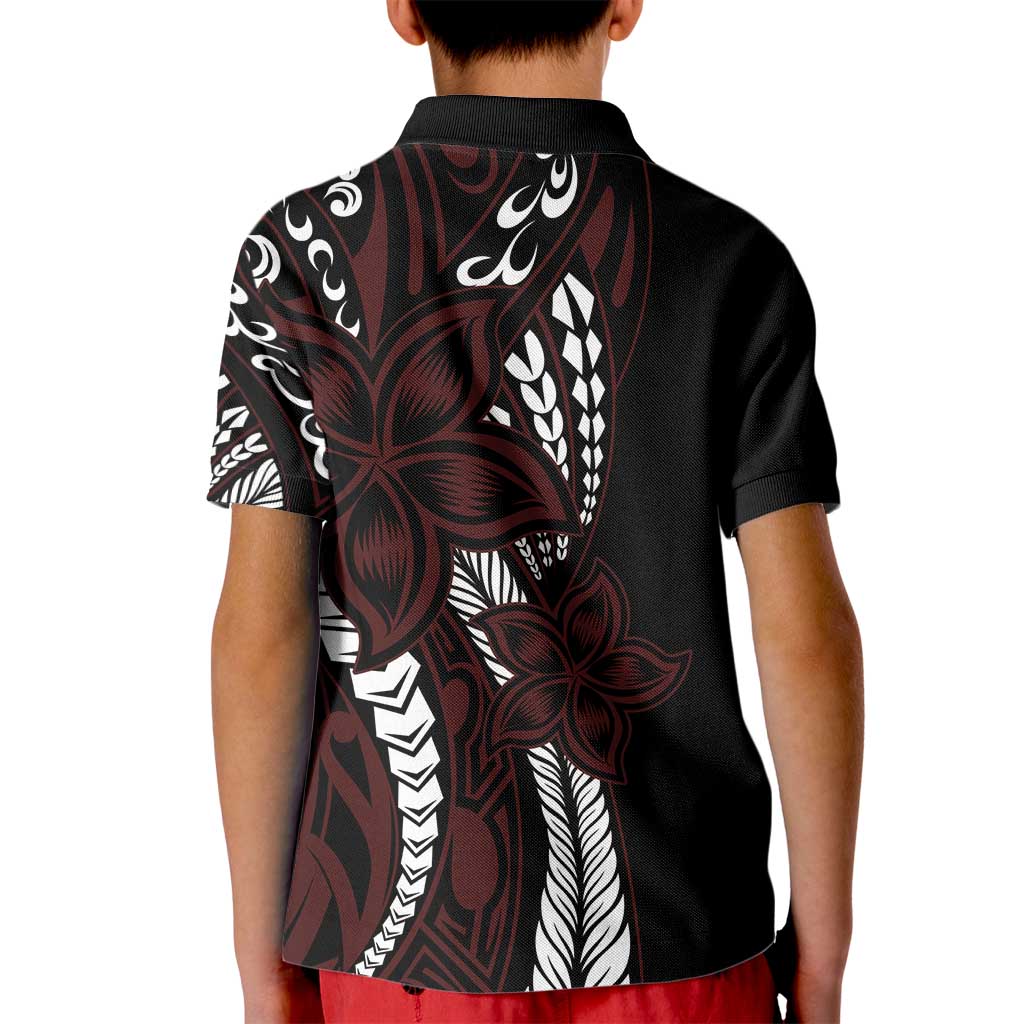 Polynesian Plumeria Floral Tattoo Pattern Kid Polo Shirt Oxblood Style