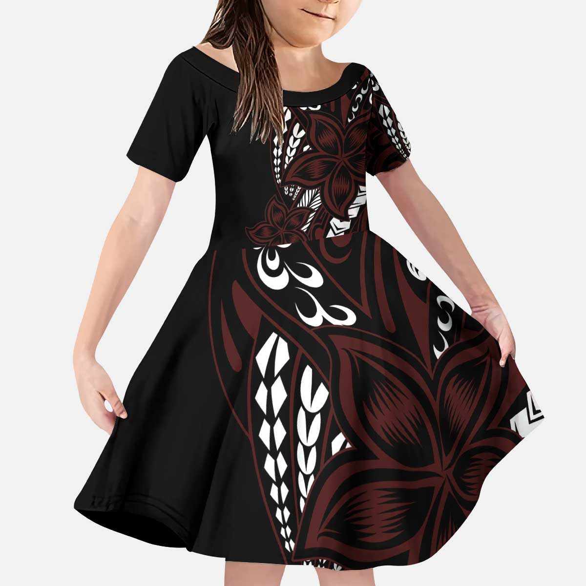Polynesian Plumeria Floral Tattoo Pattern Kid Short Sleeve Dress Oxblood Style LT9 KID Oxblood - Polynesian Pride