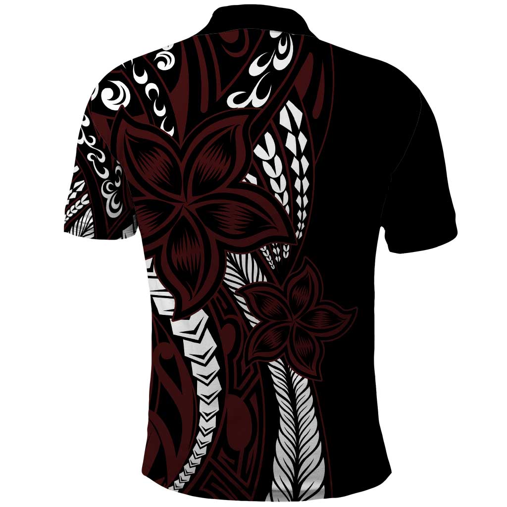 Polynesian Plumeria Floral Tattoo Pattern Polo Shirt Oxblood Style