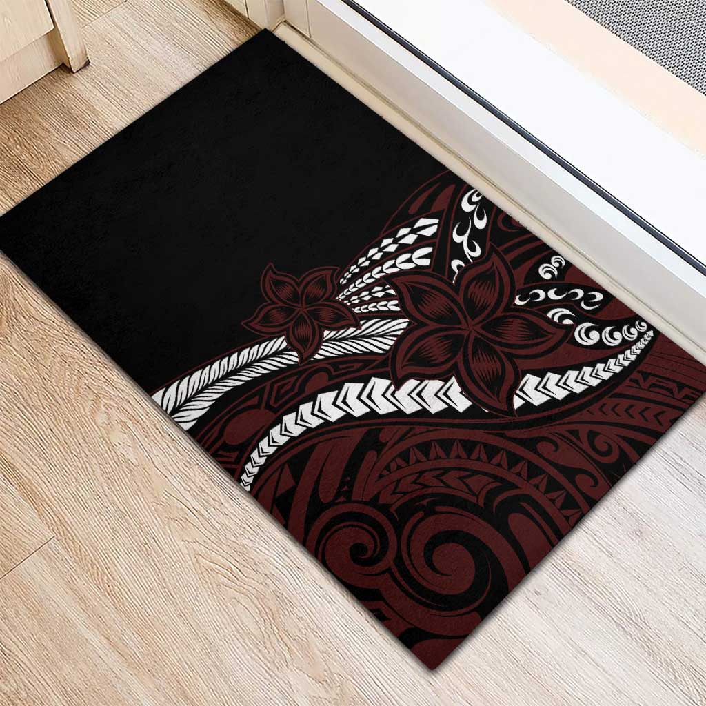 Polynesian Plumeria Floral Tattoo Pattern Rubber Doormat Oxblood Style