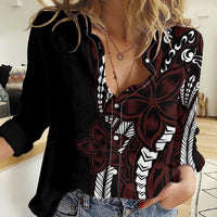 Polynesian Plumeria Floral Tattoo Pattern Women Casual Shirt Oxblood Style LT9 Female Oxblood - Polynesian Pride