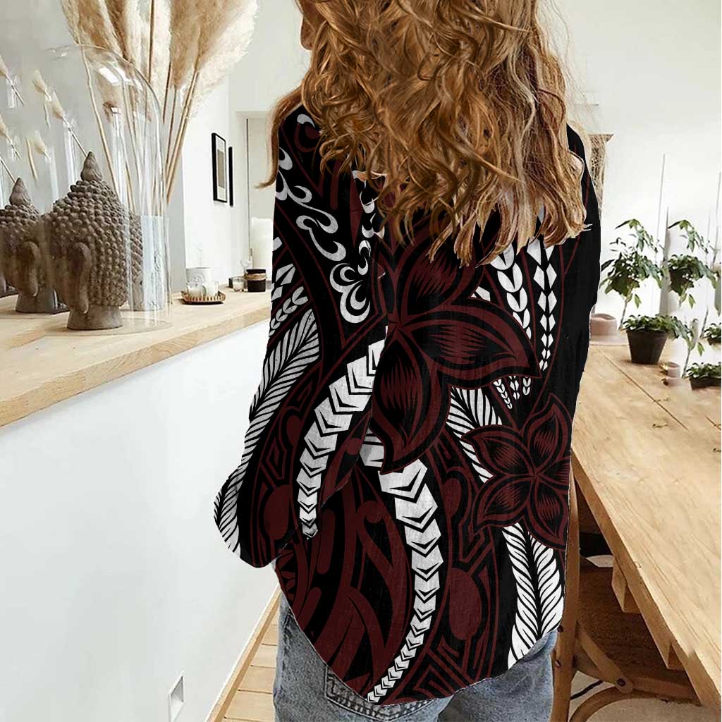 Polynesian Plumeria Floral Tattoo Pattern Women Casual Shirt Oxblood Style LT9 - Polynesian Pride