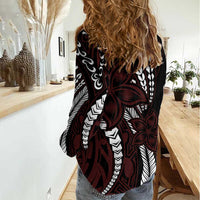 Polynesian Plumeria Floral Tattoo Pattern Women Casual Shirt Oxblood Style LT9 - Polynesian Pride