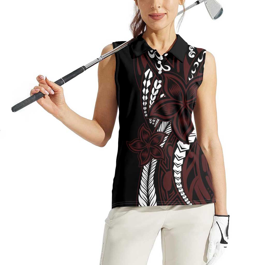 Polynesian Plumeria Floral Tattoo Pattern Women Sleeveless Polo Shirt Oxblood Style