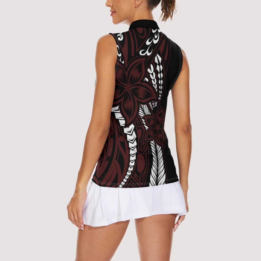 Polynesian Plumeria Floral Tattoo Pattern Women Sleeveless Polo Shirt Oxblood Style