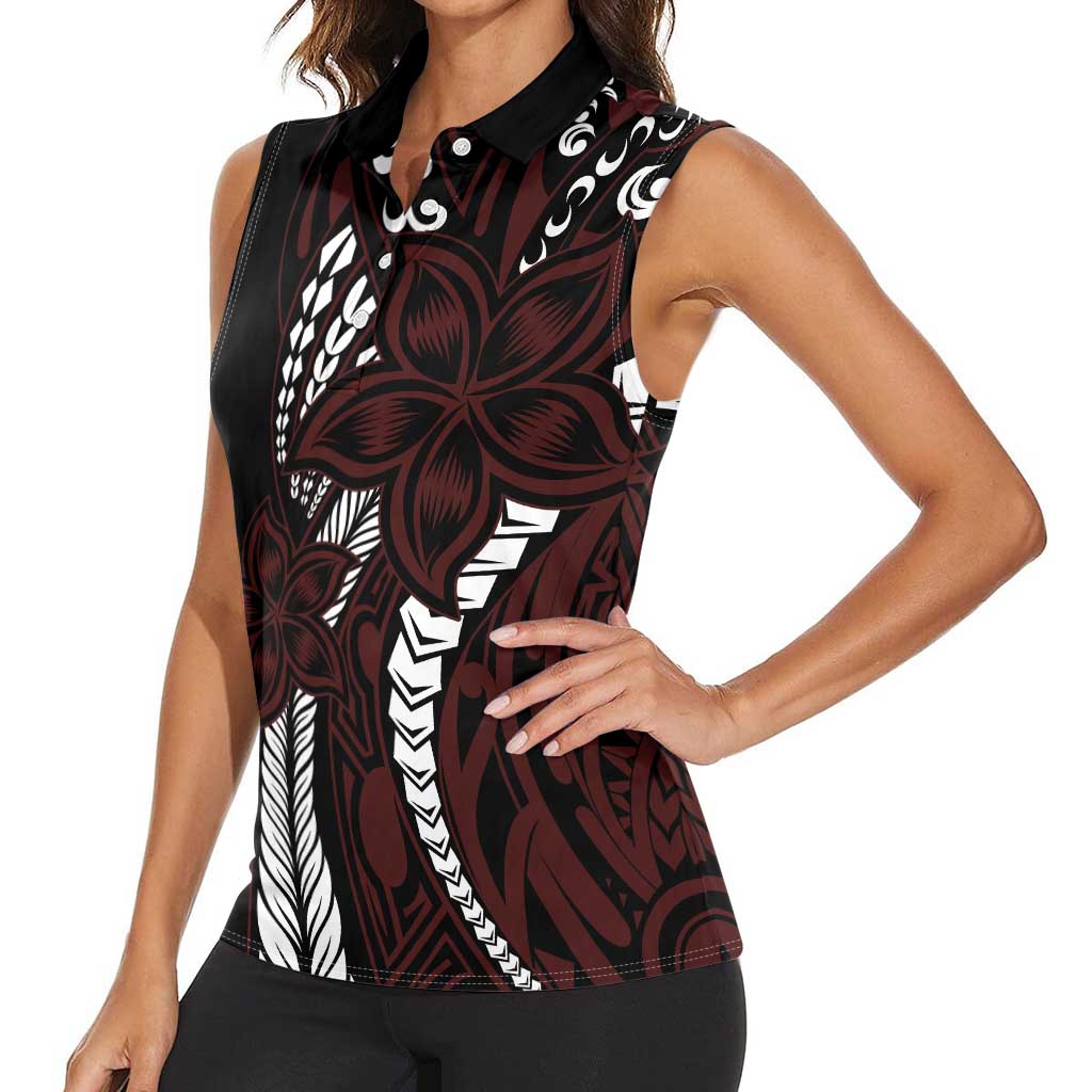 Polynesian Plumeria Floral Tattoo Pattern Women Sleeveless Polo Shirt Oxblood Style