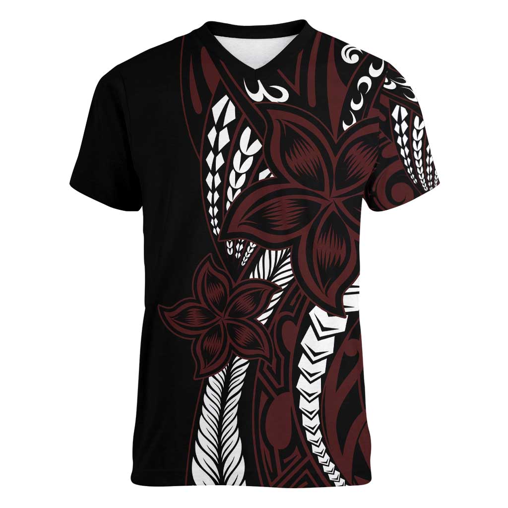 Polynesian Plumeria Floral Tattoo Pattern Women V-Neck T-Shirt Oxblood Style