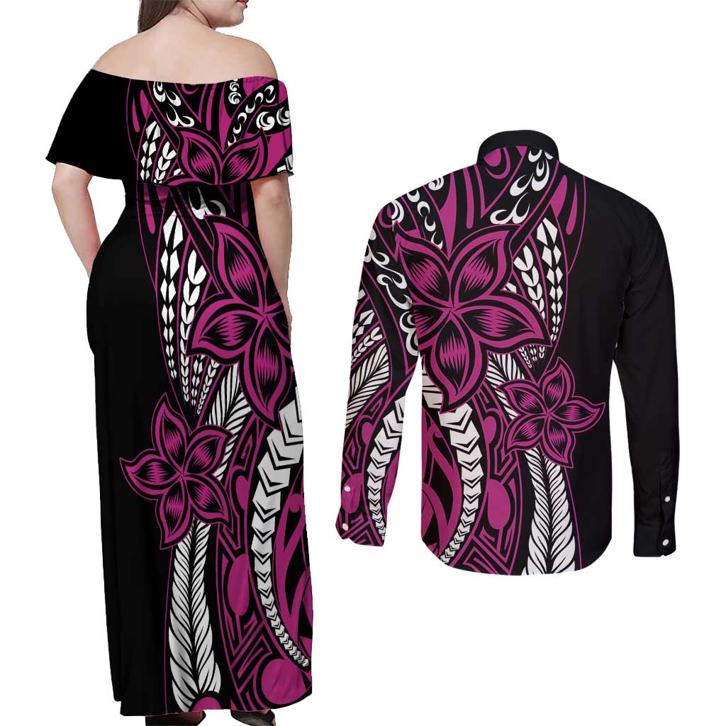 Polynesian Plumeria Floral Tattoo Pattern Couples Matching Off Shoulder Maxi Dress and Long Sleeve Button Shirt Pink Style
