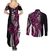 Polynesian Plumeria Floral Tattoo Pattern Couples Matching Summer Maxi Dress and Long Sleeve Button Shirt Pink Style