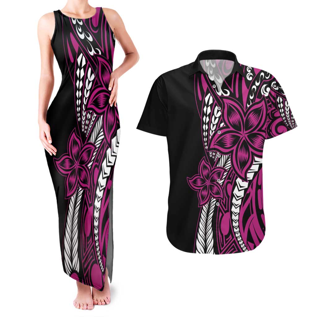 Polynesian Plumeria Floral Tattoo Pattern Couples Matching Tank Maxi Dress and Hawaiian Shirt Pink Style