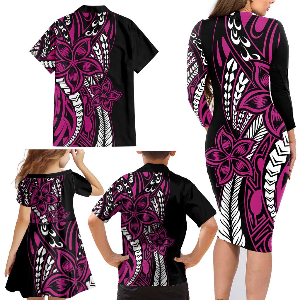 Polynesian Plumeria Floral Tattoo Pattern Family Matching Long Sleeve Bodycon Dress and Hawaiian Shirt Pink Style LT9 - Polynesian Pride