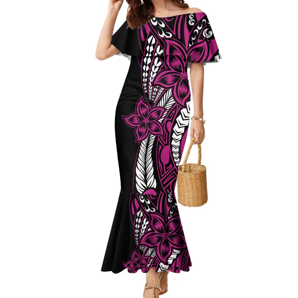 Polynesian Plumeria Floral Tattoo Pattern Family Matching Mermaid Dress and Hawaiian Shirt Pink Style LT9 Mom's Dress Pink - Polynesian Pride