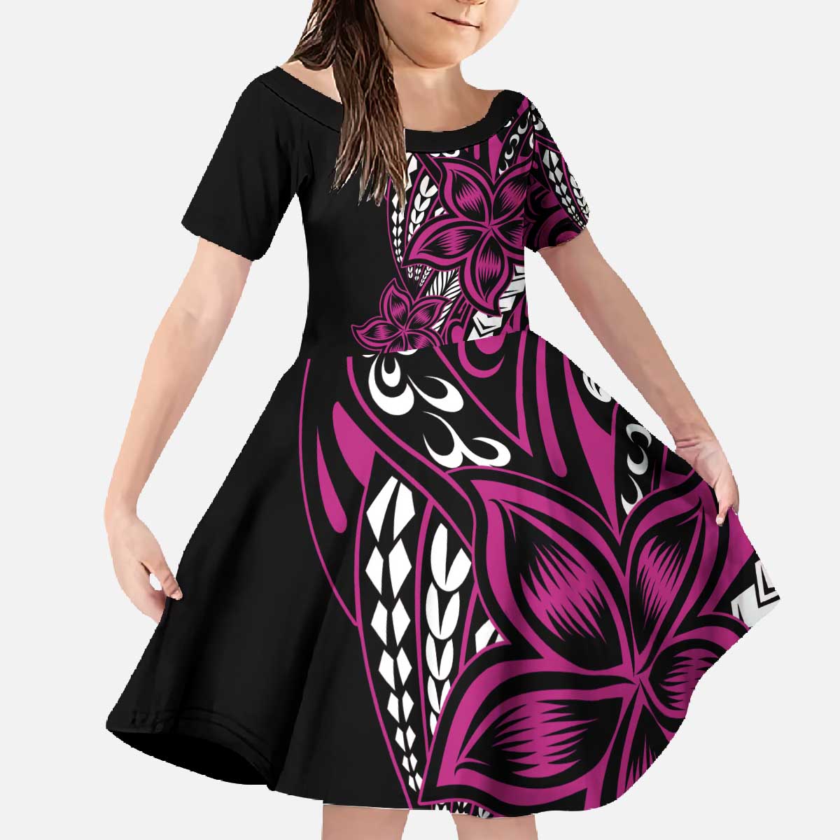 Polynesian Plumeria Floral Tattoo Pattern Family Matching Off The Shoulder Long Sleeve Dress and Hawaiian Shirt Pink Style LT9 Daughter's Dress Pink - Polynesian Pride