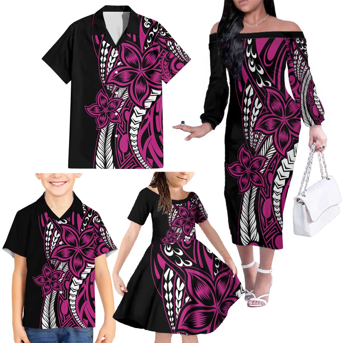 Polynesian Plumeria Floral Tattoo Pattern Family Matching Off The Shoulder Long Sleeve Dress and Hawaiian Shirt Pink Style LT9 - Polynesian Pride