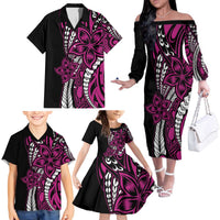 Polynesian Plumeria Floral Tattoo Pattern Family Matching Off The Shoulder Long Sleeve Dress and Hawaiian Shirt Pink Style LT9 - Polynesian Pride