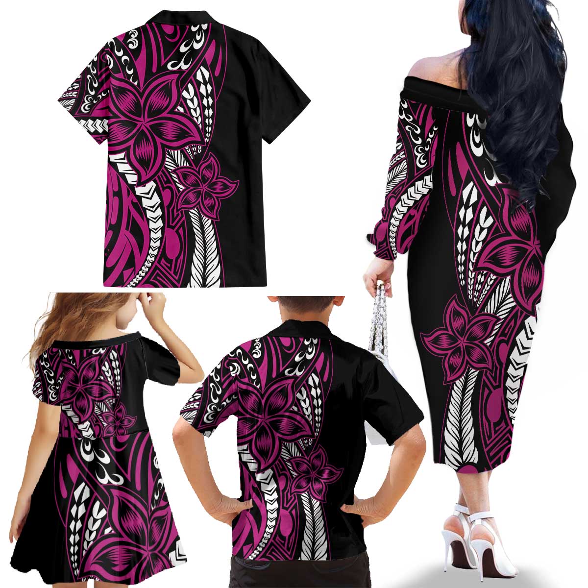 Polynesian Plumeria Floral Tattoo Pattern Family Matching Off The Shoulder Long Sleeve Dress and Hawaiian Shirt Pink Style LT9 - Polynesian Pride