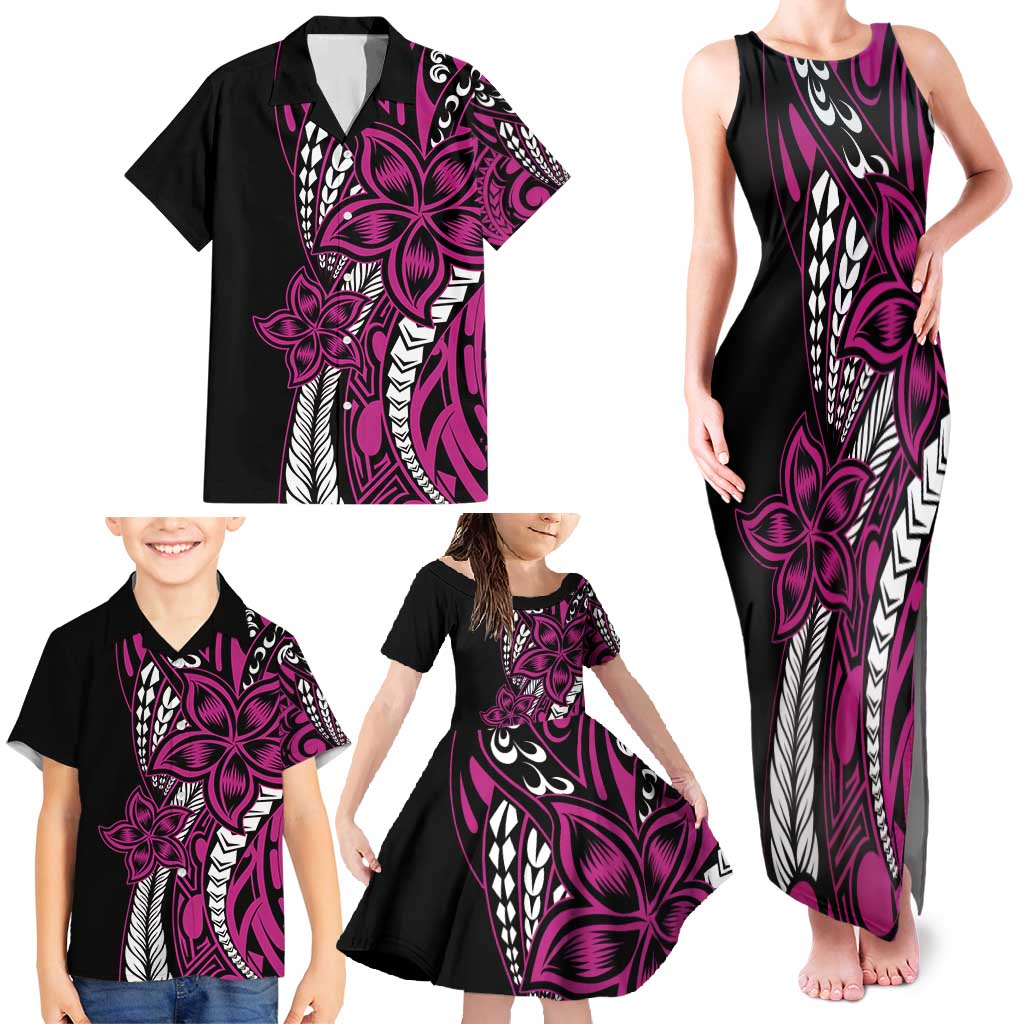 Polynesian Plumeria Floral Tattoo Pattern Family Matching Tank Maxi Dress and Hawaiian Shirt Pink Style LT9 - Polynesian Pride