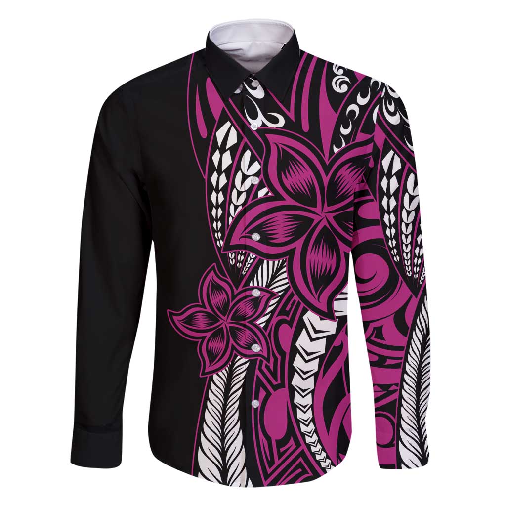 Polynesian Plumeria Floral Tattoo Pattern Family Matching Tank Maxi Dress and Hawaiian Shirt Pink Style LT9 Dad's Shirt - Long Sleeve Pink - Polynesian Pride