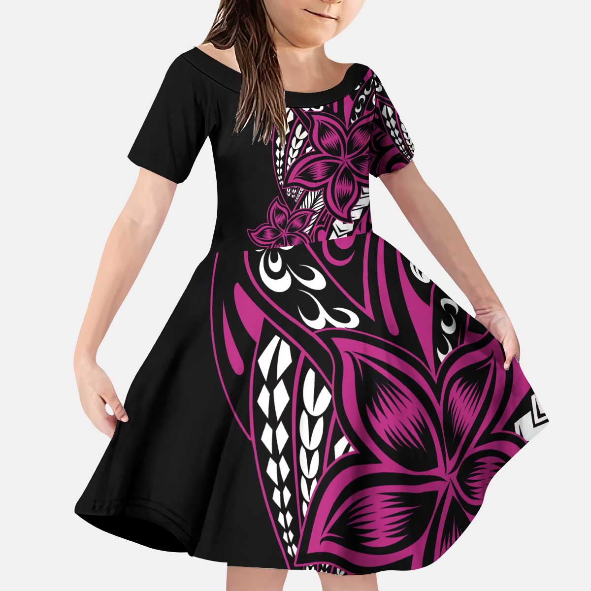 Polynesian Plumeria Floral Tattoo Pattern Kid Short Sleeve Dress Pink Style LT9 KID Pink - Polynesian Pride