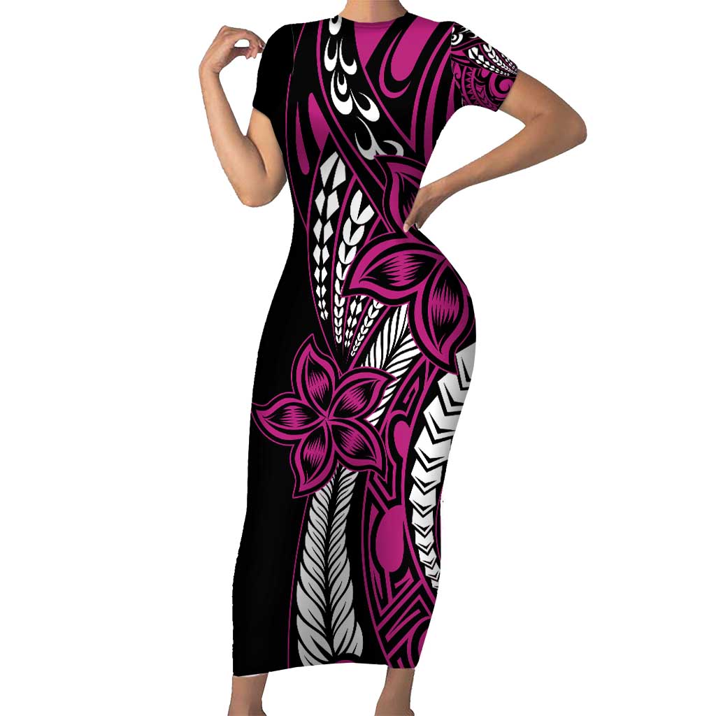 Polynesian Plumeria Floral Tattoo Pattern Short Sleeve Bodycon Dress Pink Style LT9 Long Dress Pink - Polynesian Pride
