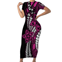 Polynesian Plumeria Floral Tattoo Pattern Short Sleeve Bodycon Dress Pink Style LT9 Long Dress Pink - Polynesian Pride