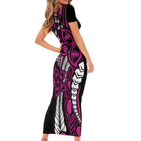 Polynesian Plumeria Floral Tattoo Pattern Short Sleeve Bodycon Dress Pink Style LT9 - Polynesian Pride