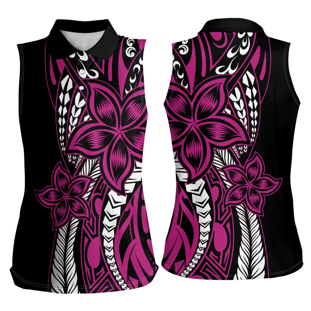 Polynesian Plumeria Floral Tattoo Pattern Women Sleeveless Polo Shirt Pink Style