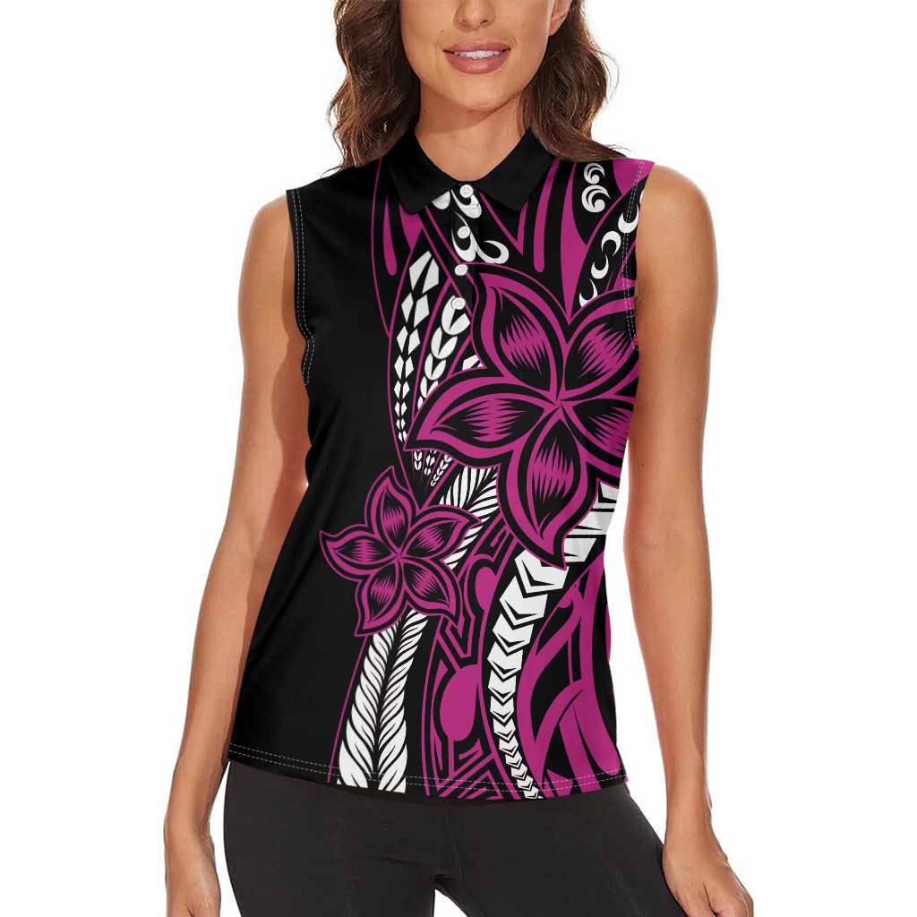 Polynesian Plumeria Floral Tattoo Pattern Women Sleeveless Polo Shirt Pink Style
