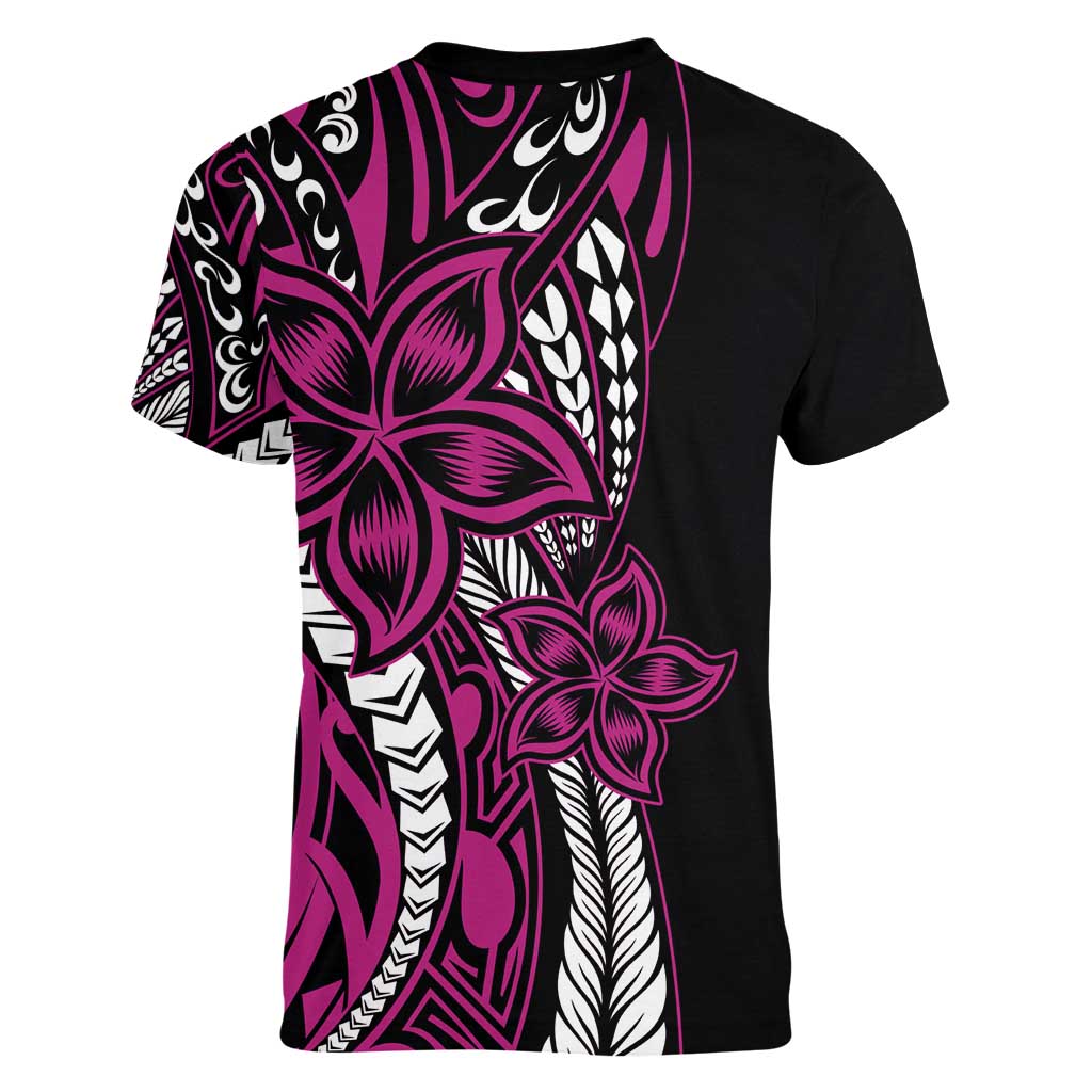 Polynesian Plumeria Floral Tattoo Pattern Women V-Neck T-Shirt Pink Style
