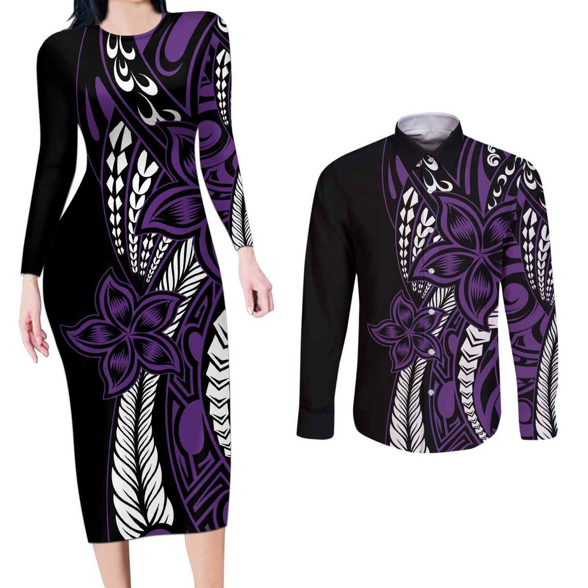Polynesian Plumeria Floral Tattoo Pattern Couples Matching Long Sleeve Bodycon Dress and Long Sleeve Button Shirt Purple Style