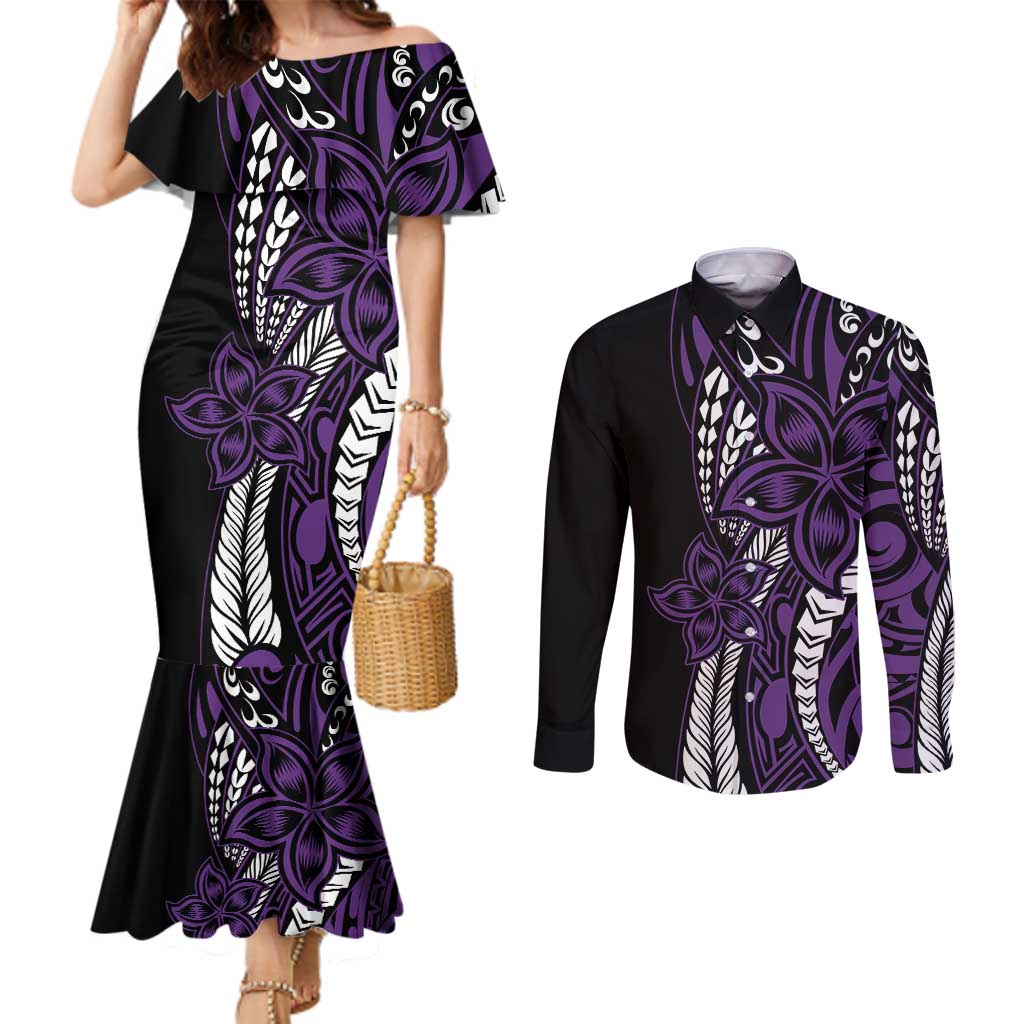 Polynesian Plumeria Floral Tattoo Pattern Couples Matching Mermaid Dress and Long Sleeve Button Shirt Purple Style