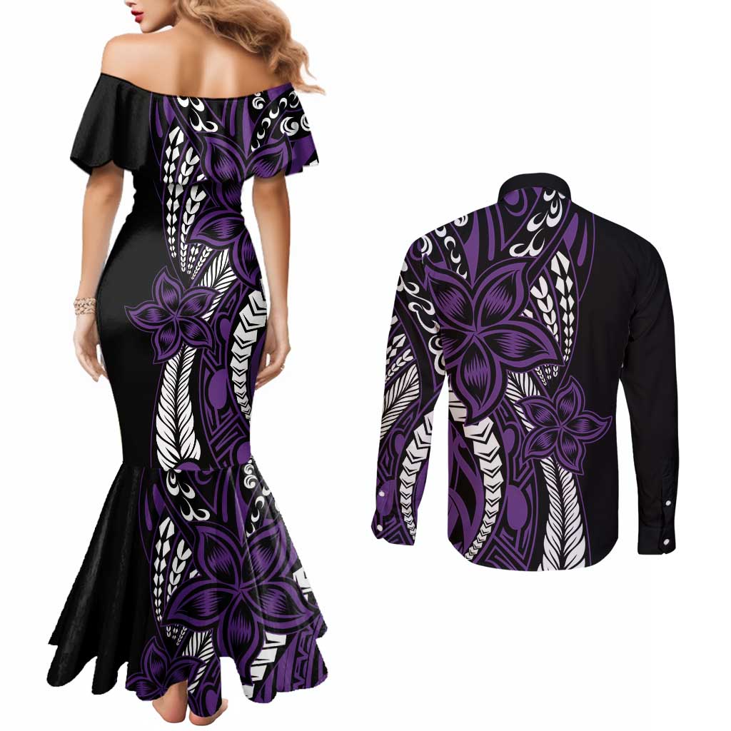 Polynesian Plumeria Floral Tattoo Pattern Couples Matching Mermaid Dress and Long Sleeve Button Shirt Purple Style