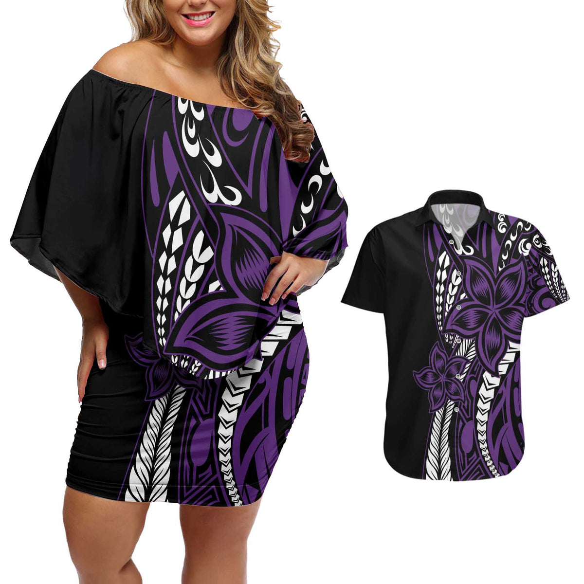 Polynesian Plumeria Floral Tattoo Pattern Couples Matching Off Shoulder Short Dress and Hawaiian Shirt Purple Style