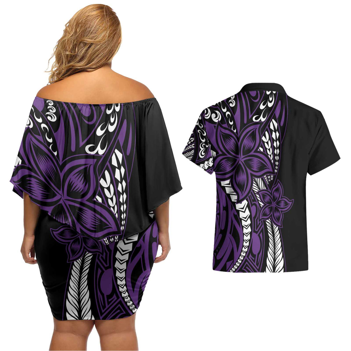 Polynesian Plumeria Floral Tattoo Pattern Couples Matching Off Shoulder Short Dress and Hawaiian Shirt Purple Style