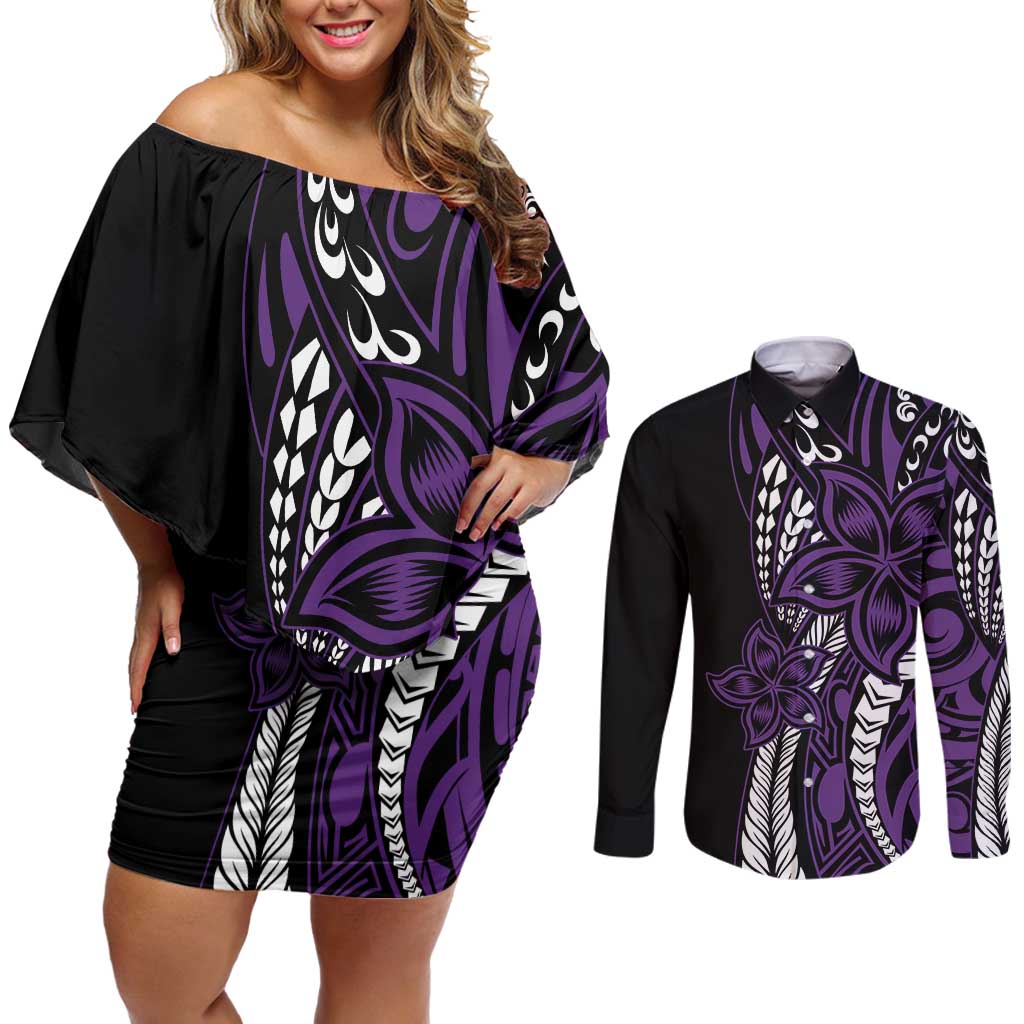 Polynesian Plumeria Floral Tattoo Pattern Couples Matching Off Shoulder Short Dress and Long Sleeve Button Shirt Purple Style