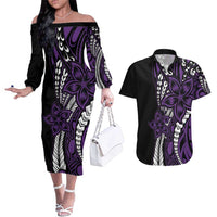 Polynesian Plumeria Floral Tattoo Pattern Couples Matching Off The Shoulder Long Sleeve Dress and Hawaiian Shirt Purple Style