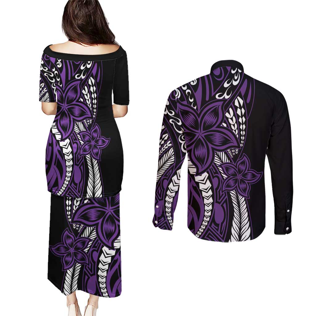 Polynesian Plumeria Floral Tattoo Pattern Couples Matching Puletasi and Long Sleeve Button Shirt Purple Style