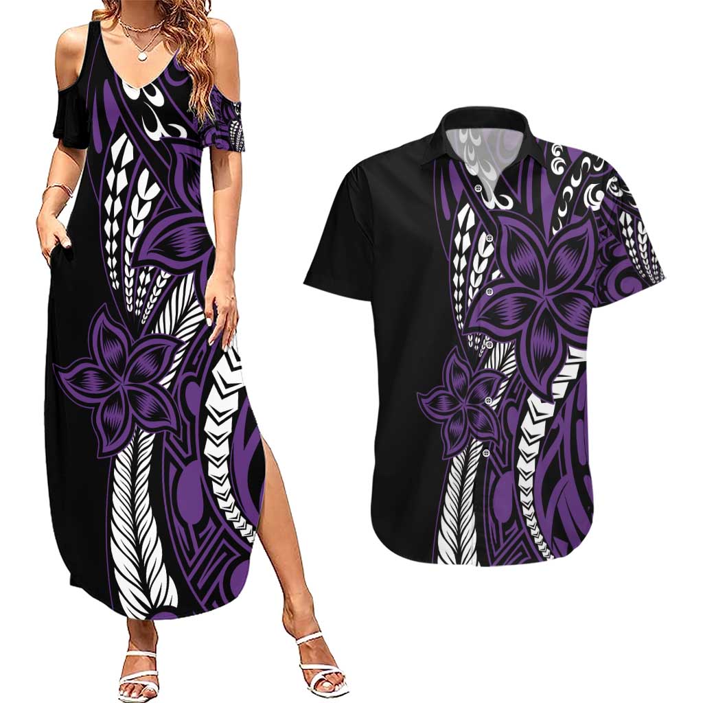 Polynesian Plumeria Floral Tattoo Pattern Couples Matching Summer Maxi Dress and Hawaiian Shirt Purple Style